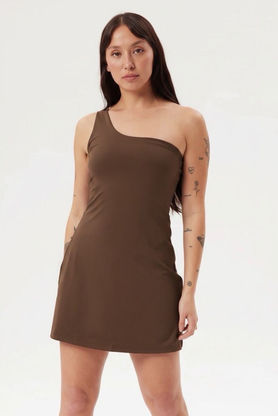 Girlfriend Collective Bianca One Shoulder Dress Womens Brown Size Large
